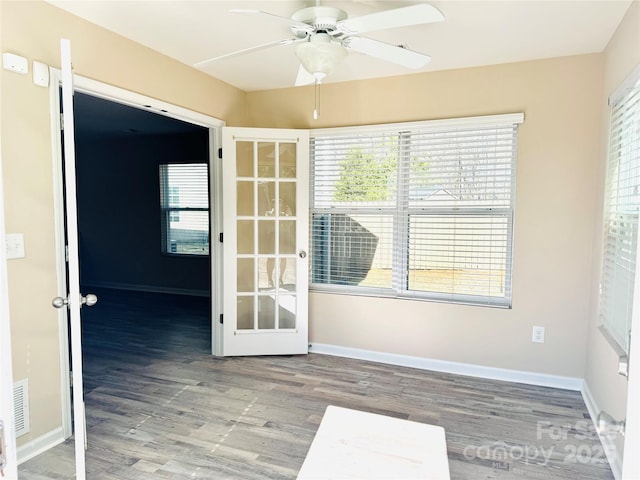 spare room with a healthy amount of sunlight, baseboards, and wood finished floors