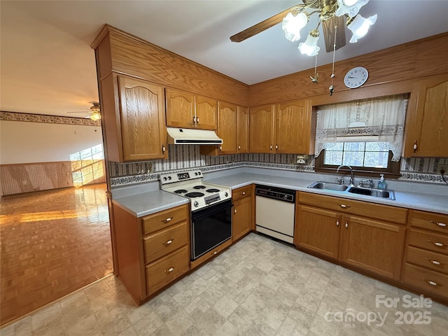 kitchen with sink, electric range, dishwasher, ceiling fan, and decorative backsplash