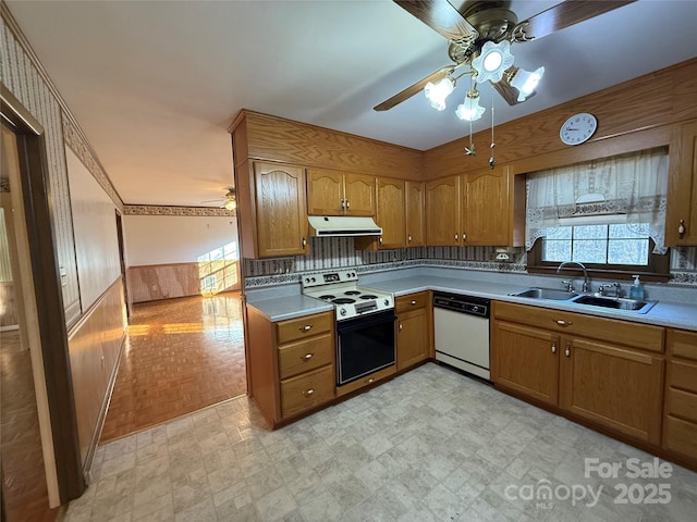 kitchen featuring range with electric cooktop, sink, ceiling fan, and white dishwasher