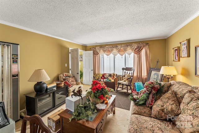 living room with crown molding and a textured ceiling