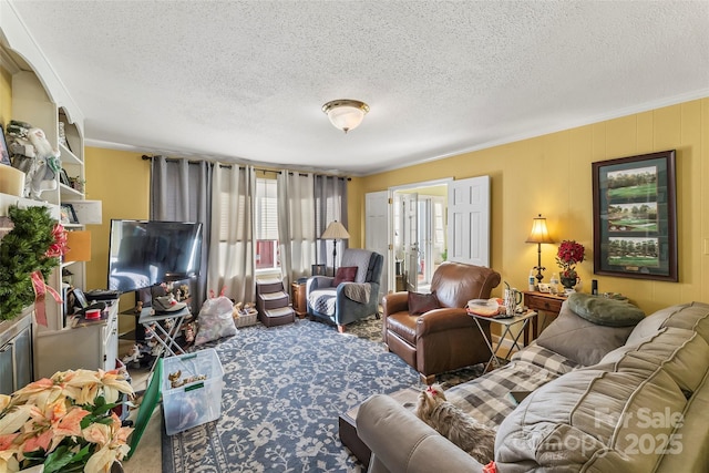 living room featuring crown molding and a textured ceiling