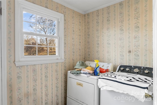 laundry room with crown molding and washing machine and dryer