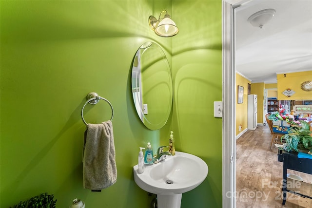 bathroom featuring sink, crown molding, and wood-type flooring