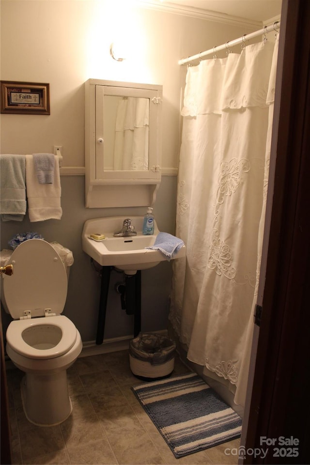 bathroom featuring ornamental molding, toilet, and a shower with shower curtain