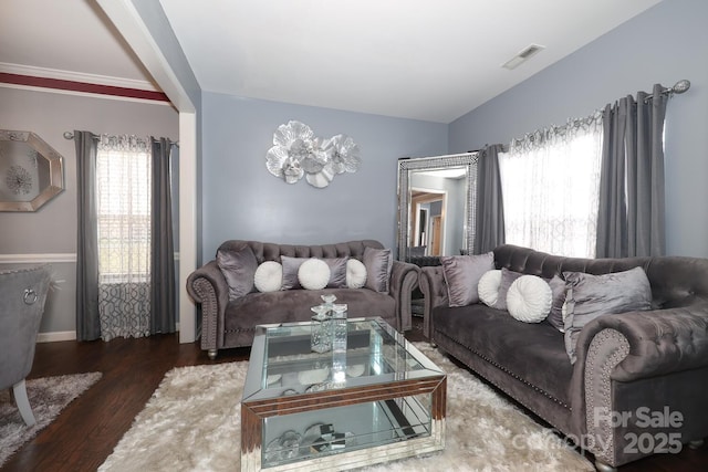 living room with dark hardwood / wood-style floors