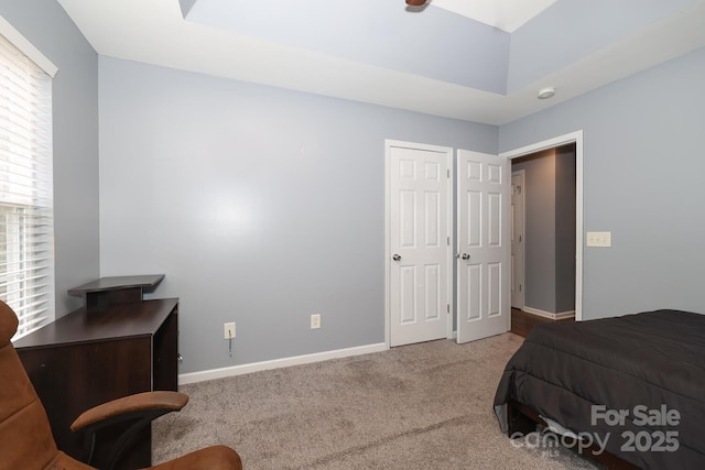 bedroom featuring a raised ceiling and carpet floors