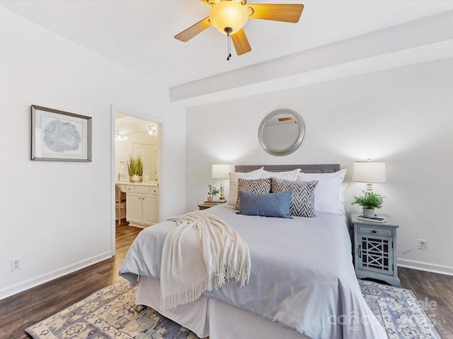 bedroom with dark hardwood / wood-style flooring, connected bathroom, and ceiling fan