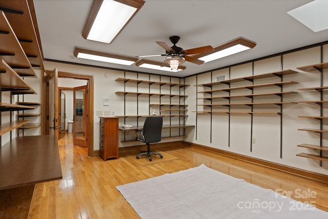 unfurnished office featuring light hardwood / wood-style flooring and ceiling fan