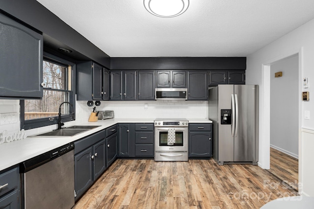 kitchen featuring stainless steel appliances, sink, light wood-type flooring, and decorative backsplash