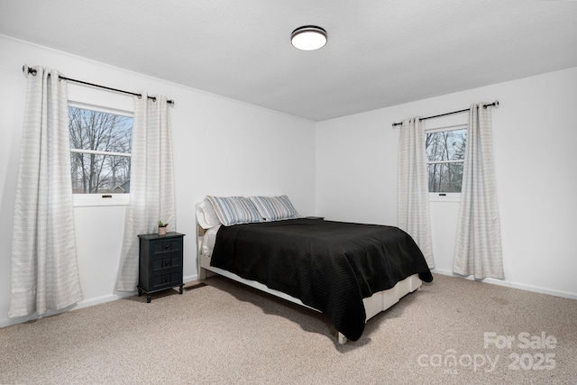 bedroom with carpet floors and a textured ceiling