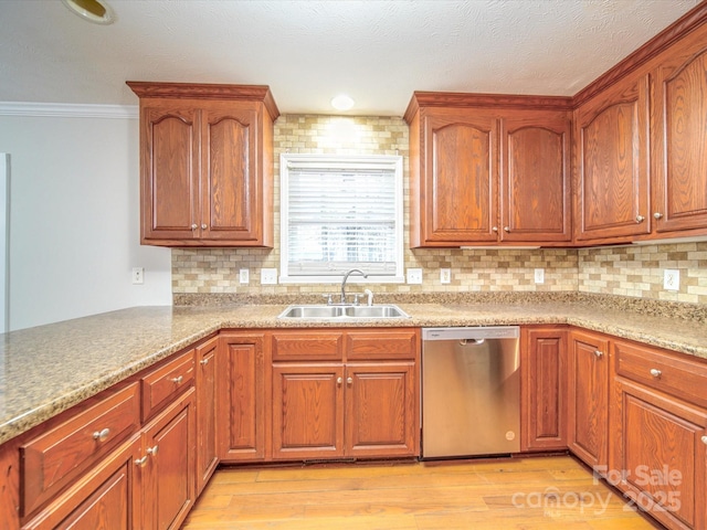 kitchen with sink, backsplash, stainless steel dishwasher, kitchen peninsula, and light wood-type flooring