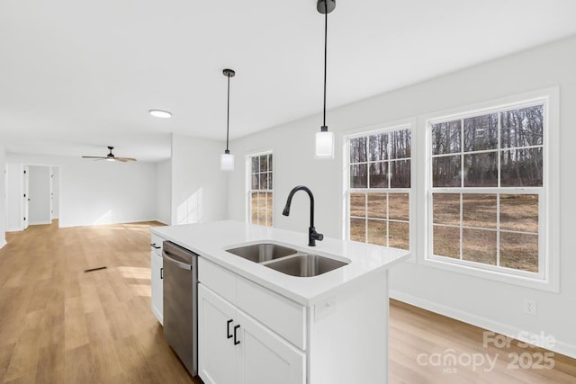 kitchen with sink, white cabinetry, hanging light fixtures, a center island with sink, and stainless steel dishwasher