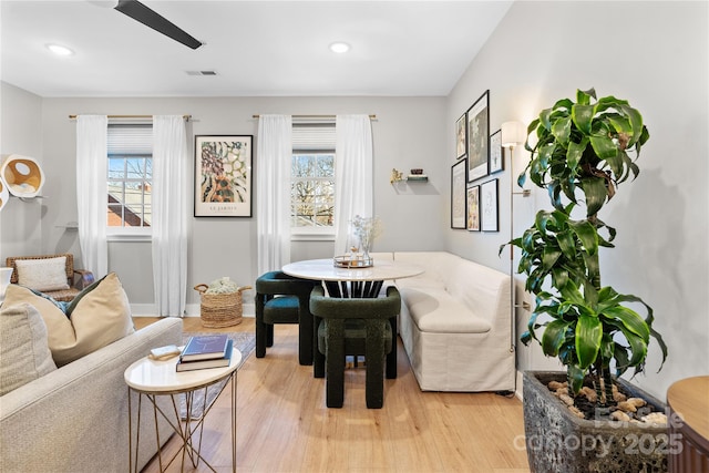 interior space featuring ceiling fan and light hardwood / wood-style flooring