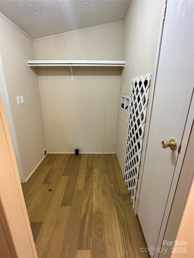 laundry area featuring hookup for a washing machine, light hardwood / wood-style flooring, and a textured ceiling