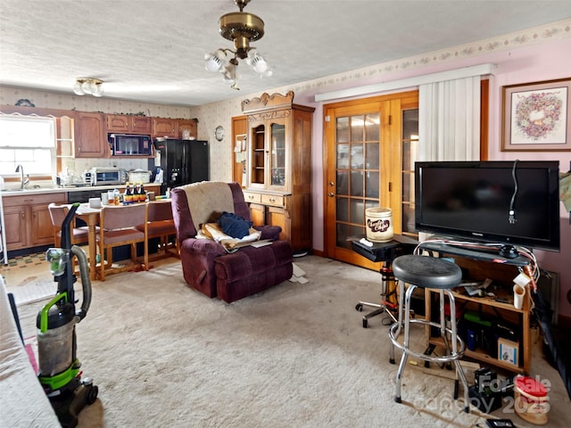 carpeted living room featuring sink and a textured ceiling