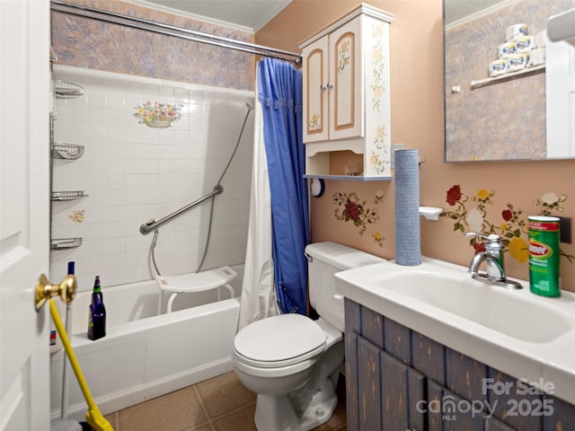 full bathroom with tile patterned flooring, ornamental molding, vanity, toilet, and shower / bath combo with shower curtain