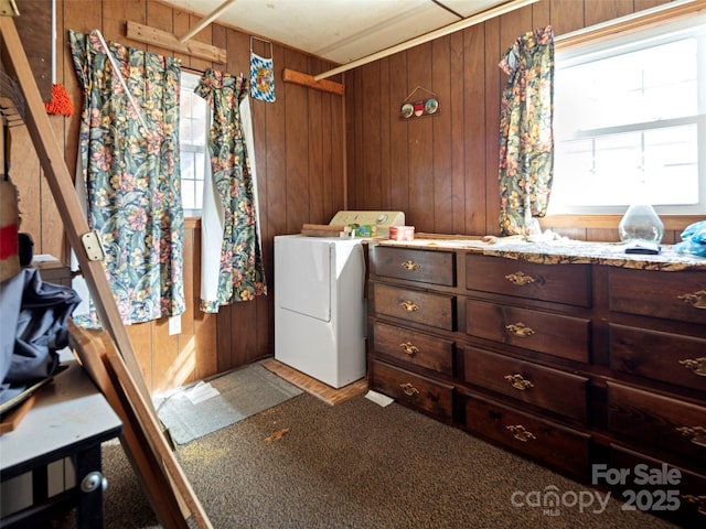 clothes washing area featuring washer / clothes dryer, carpet, and wood walls