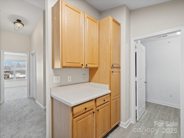 kitchen featuring light carpet and light brown cabinetry