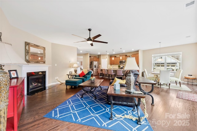 1605 Appledale Ct Unit 116, Fort Mill, SC 29715 - living room with wood finished floors, a ceiling fan, a fireplace with flush hearth, recessed lighting, and baseboards