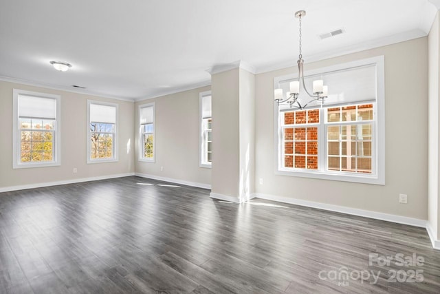 interior space featuring ornamental molding, visible vents, baseboards, and dark wood-style floors