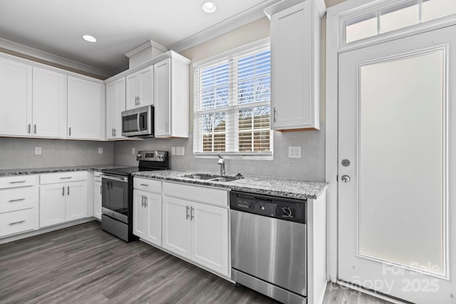 kitchen with stainless steel appliances, light stone counters, a sink, and white cabinetry