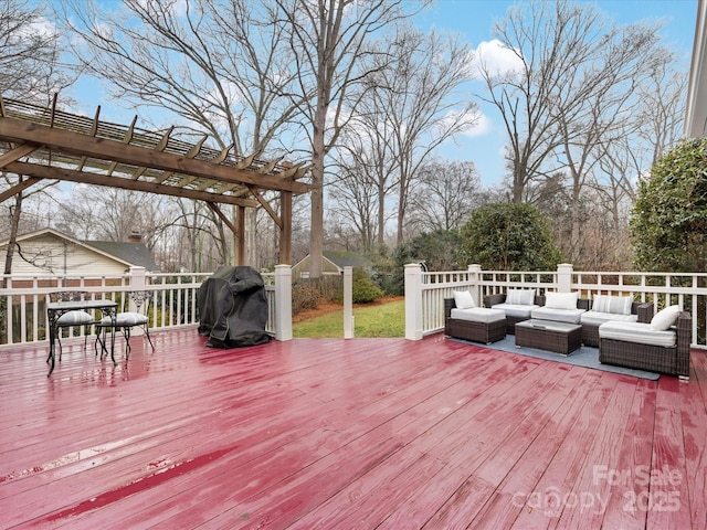 wooden terrace featuring outdoor lounge area, area for grilling, and a pergola