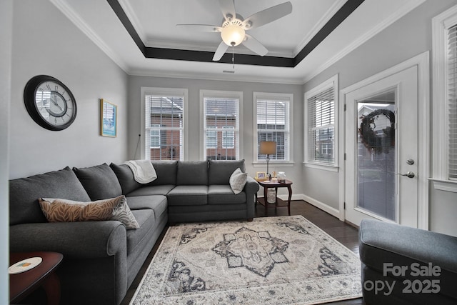 living room featuring dark wood-type flooring, ceiling fan, ornamental molding, and a tray ceiling