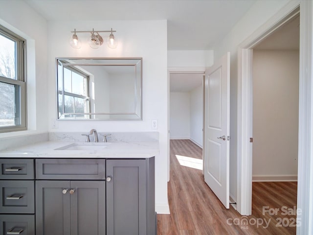 bathroom with wood-type flooring and vanity