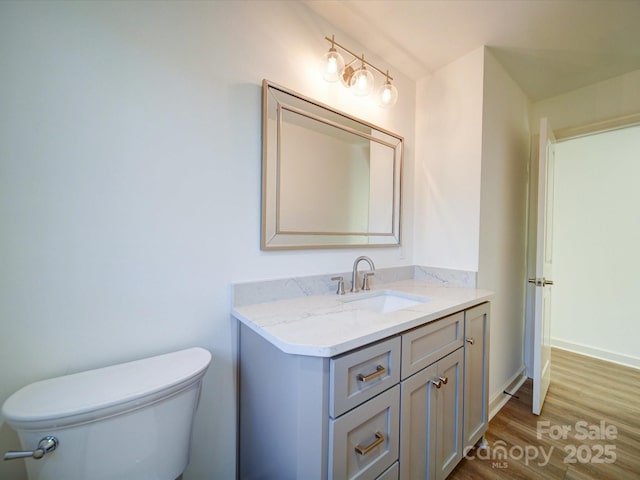 bathroom featuring vanity, toilet, and hardwood / wood-style floors