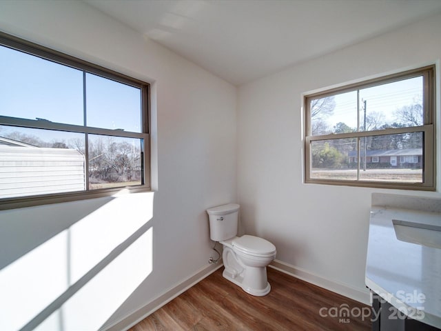 bathroom with hardwood / wood-style floors, a wealth of natural light, sink, and toilet