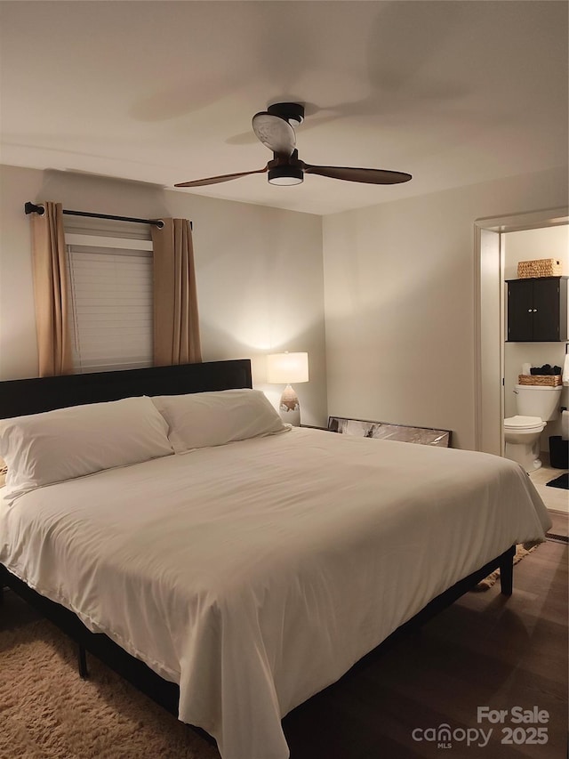 bedroom with ceiling fan and connected bathroom