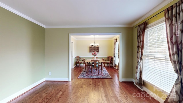 dining room featuring a notable chandelier, wood-type flooring, and ornamental molding