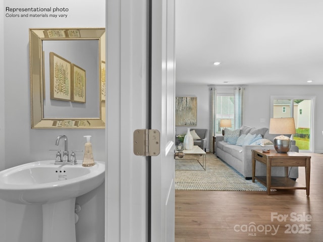 bathroom with hardwood / wood-style floors and sink