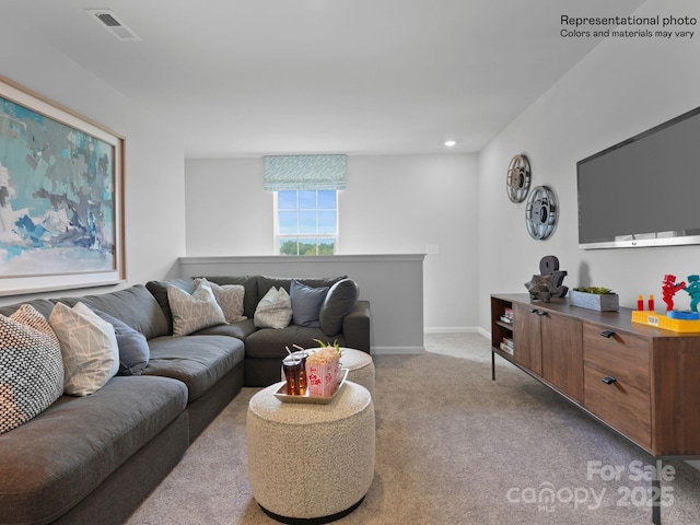 living room featuring light colored carpet