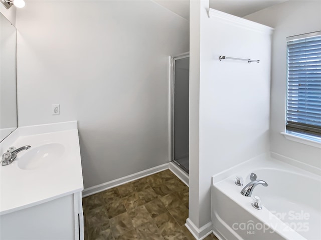 bathroom featuring vanity and plus walk in shower