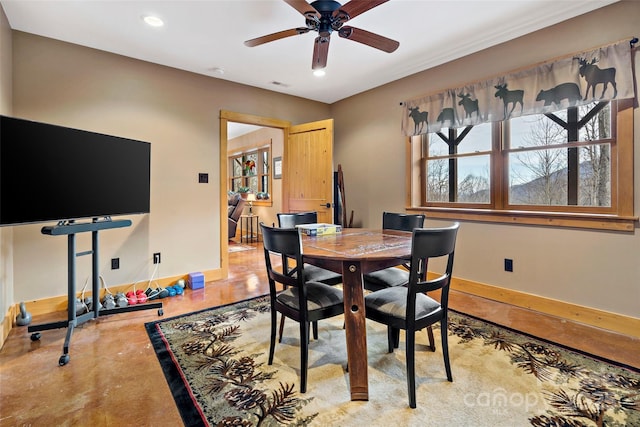 dining room featuring visible vents, baseboards, a ceiling fan, and recessed lighting