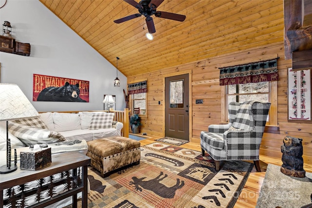 108 Oak Winds Dr Unit 202S, Old Fort, NC 28762 - living area featuring wood finished floors, wooden ceiling, ceiling fan, wooden walls, and high vaulted ceiling