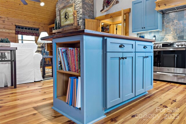 108 Oak Winds Dr Unit 202S, Old Fort, NC 28762 - kitchen with blue cabinetry, stainless steel range with electric cooktop, extractor fan, tasteful backsplash, and light wood finished floors