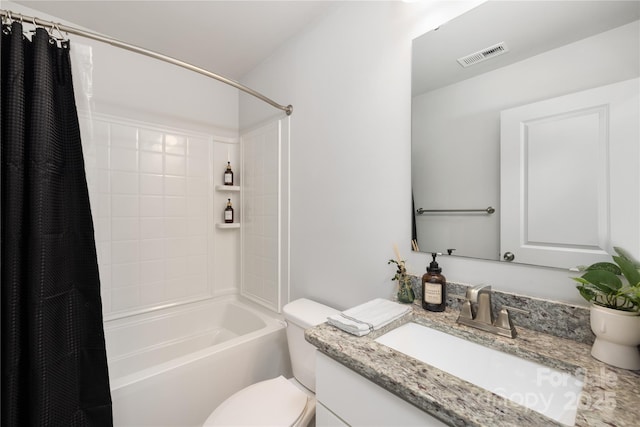 full bathroom with vanity, shower / bathtub combination with curtain, and toilet