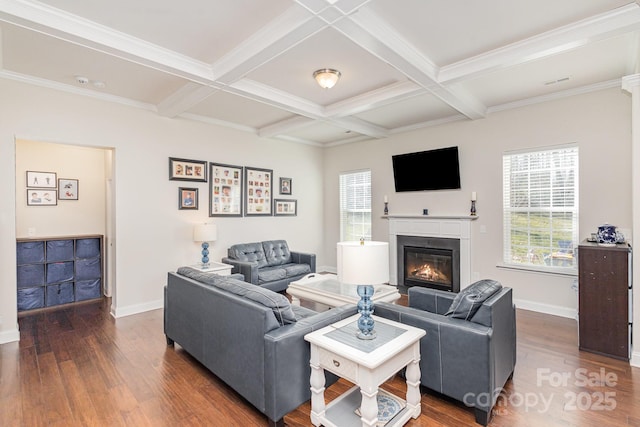 living room with coffered ceiling, beam ceiling, crown molding, and dark hardwood / wood-style floors