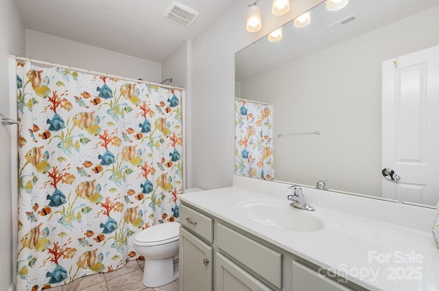 bathroom featuring vanity, toilet, and tile patterned flooring