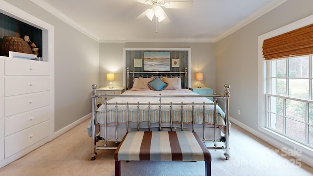 bedroom with ornamental molding and light colored carpet