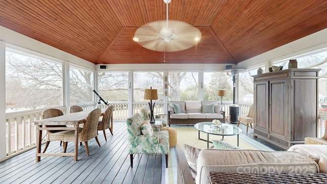 sunroom featuring lofted ceiling, a healthy amount of sunlight, and wooden ceiling