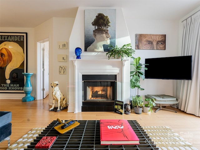 living room featuring a tiled fireplace and wood-type flooring