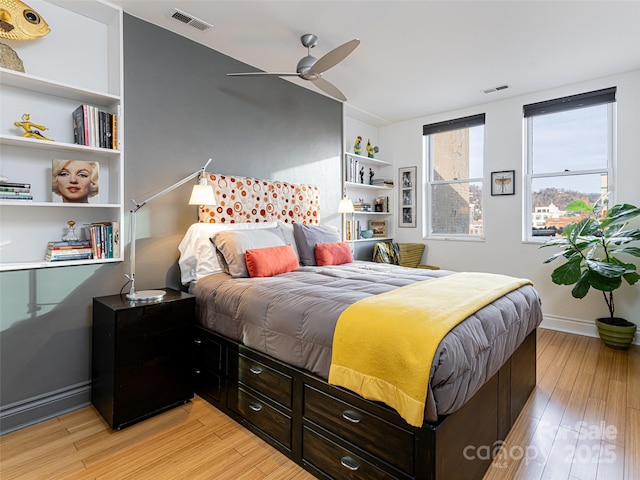 bedroom featuring ceiling fan and light hardwood / wood-style floors