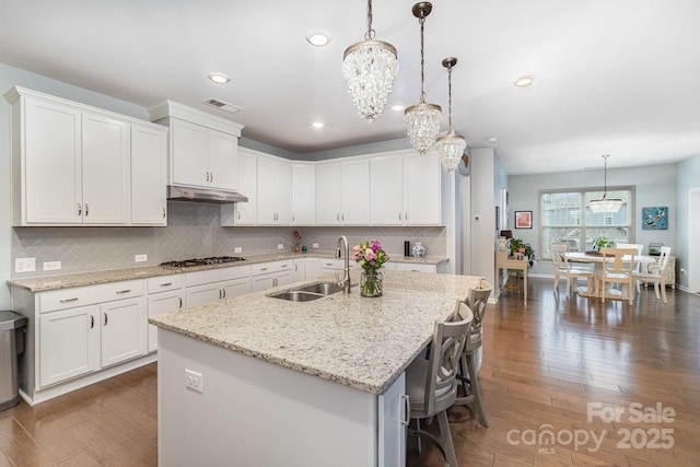 kitchen with white cabinetry, sink, pendant lighting, and a center island with sink