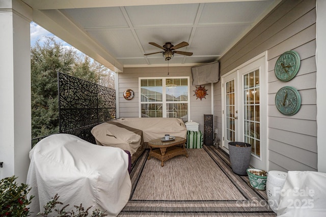 view of patio / terrace with french doors and ceiling fan