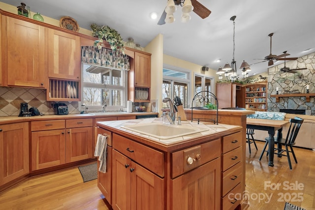 kitchen featuring tasteful backsplash, an island with sink, sink, and light wood-type flooring