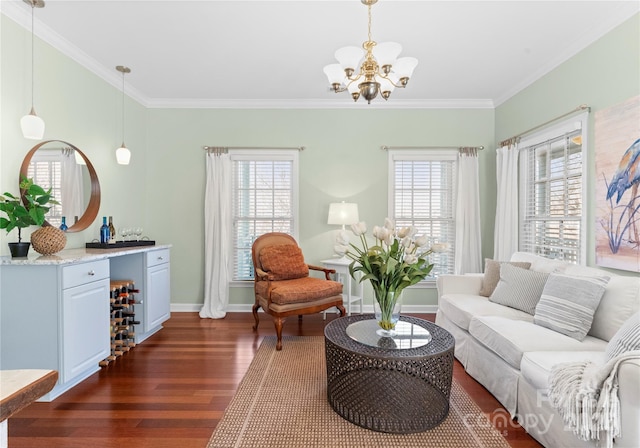 living room featuring plenty of natural light, baseboards, dark wood finished floors, and crown molding