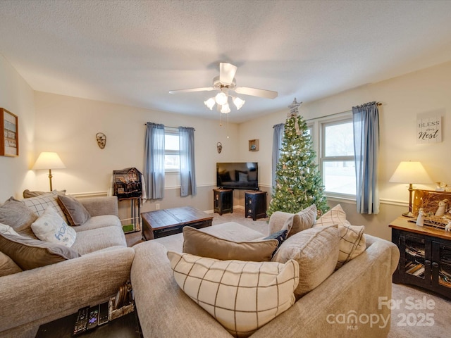 carpeted living room with ceiling fan and a textured ceiling